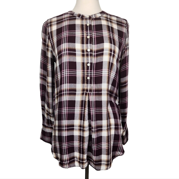 LOFT The Softened Plaid Half Button Gold Shimmer Burgundy Shirt Size Medium - Picture 2 of 9